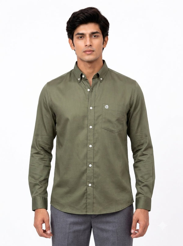 Men's plain shirt in olive green cotton, front view showcasing the stylish design