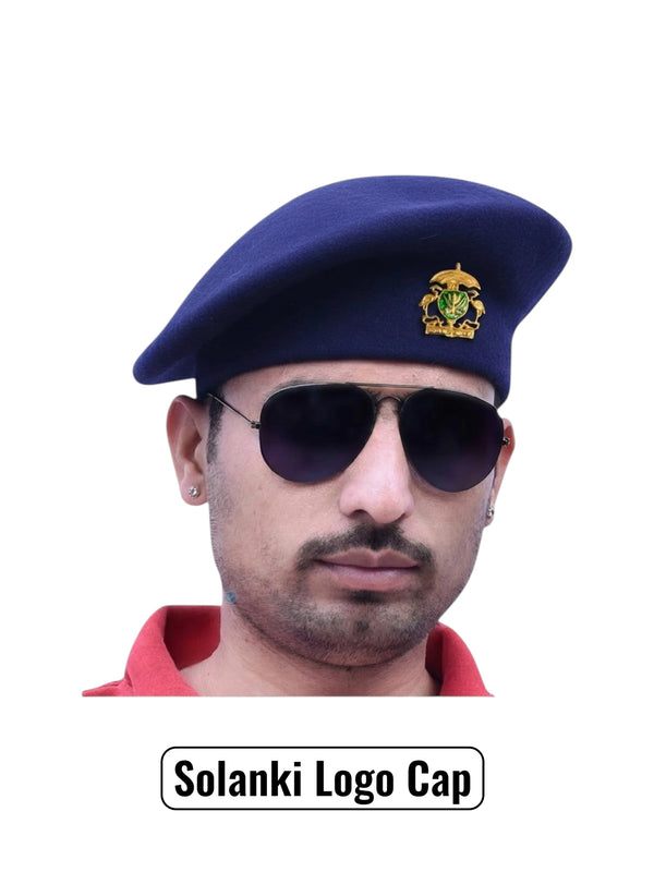 Default navy blue beret cap made of fabric, featuring Solanki Logo & Beret Cap By Singh Brand