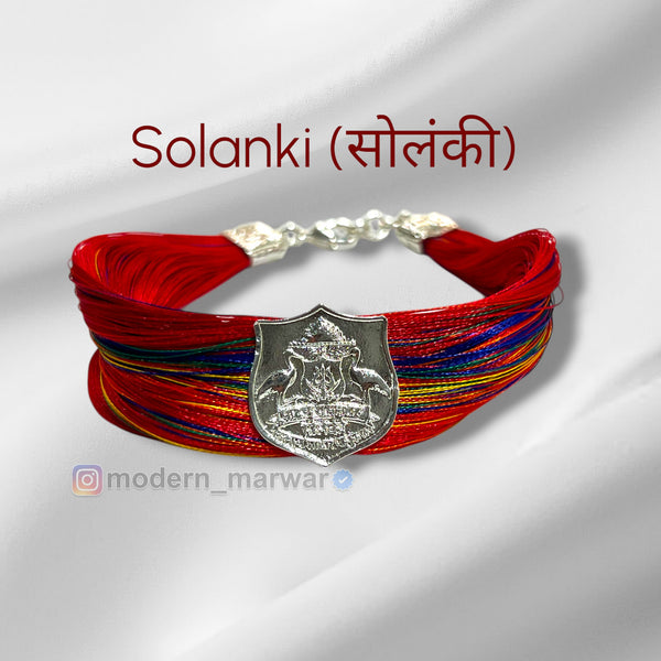 Solanki logo moli bracelet with colorful threads and emblem for traditional wear