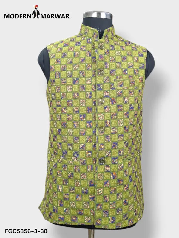 SPAADAA KOTI FF jacket from Modern Marwar in a vibrant green and multicolored pattern