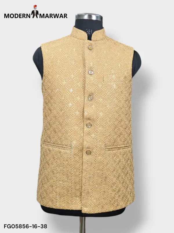 SPAADAA KOTI FF jacket by Modern Marwar in a golden hue with intricate detailing and a traditional design