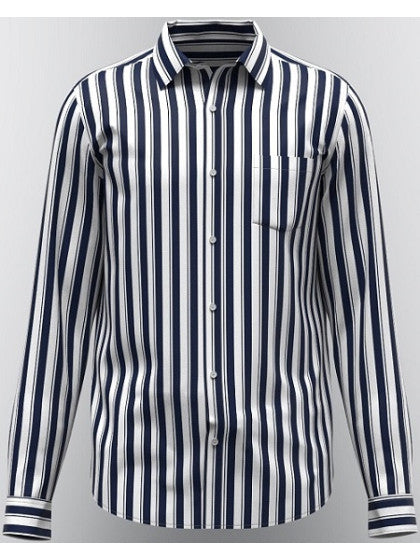 Navy and white striped men's dress shirt from Modern Marwar with button-up design and pocket