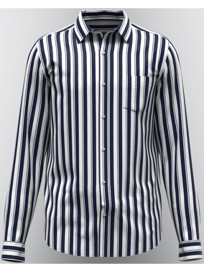 Modern Marwar Striped Men's Shirt in Navy and White with Button Front and Chest Pocket
