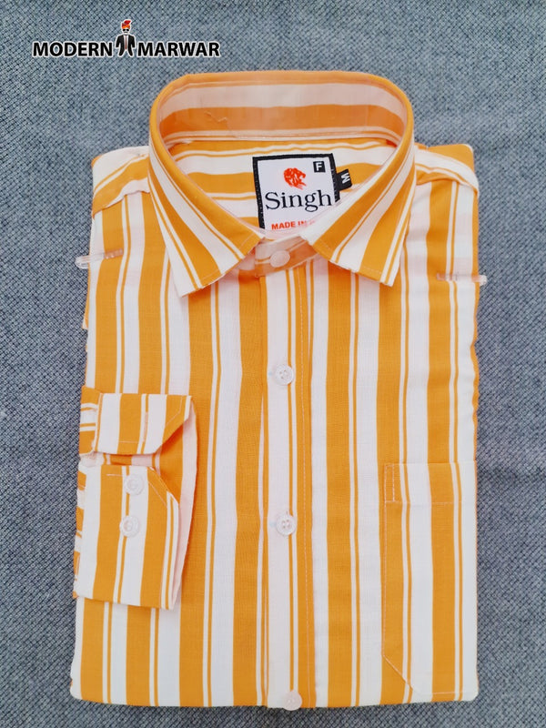 Modern Marwar striped men's shirt in yellow and white with a button-down collar and long sleeves