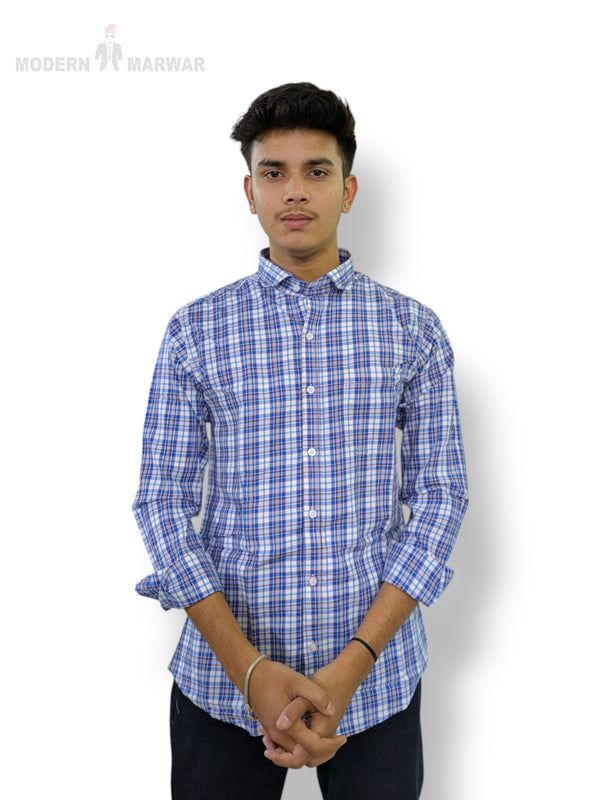 Modern Marwar Tommy checkered shirt in blue and white with button-down collar for casual style