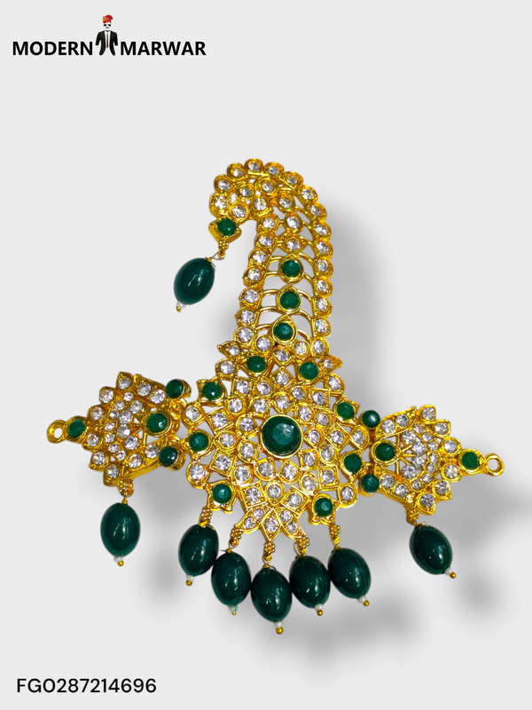 Elegant traditional brooch for men featuring green stones and intricate gold design