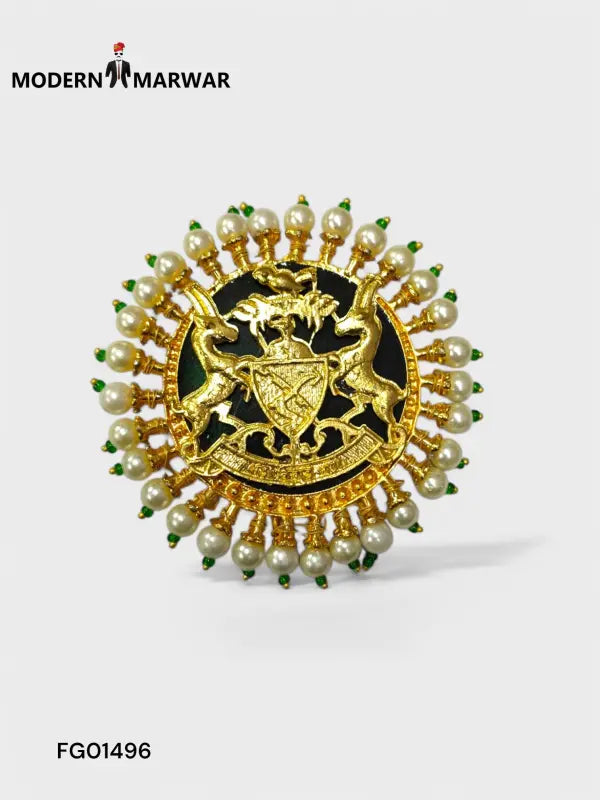 Elegant gold and pearl traditional brooch for men featuring intricate lion motifs