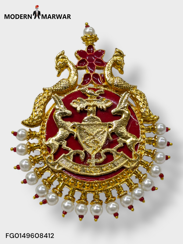 Exquisite traditional brooch for men featuring intricate gold detailing and pearl accents