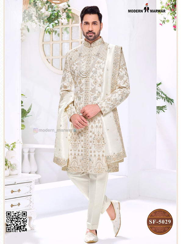 Elegant traditional Indian groom outfit by Modern Marwar with intricate embroidery and matching accessories