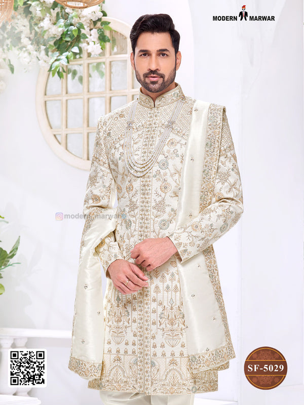 Elegant traditional Indian groom outfit by Modern Marwar featuring intricate gold embroidery