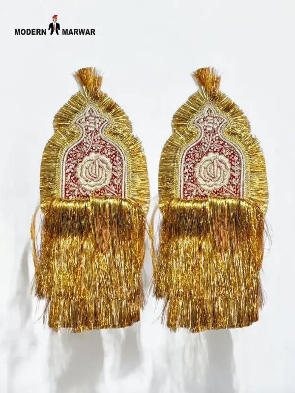 Traditional men's accessories with intricate designs and golden fringes, perfect for ethnic wear.