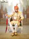 Traditional men's sherwani Angarkha in cream with elegant embroidery and royal accessories