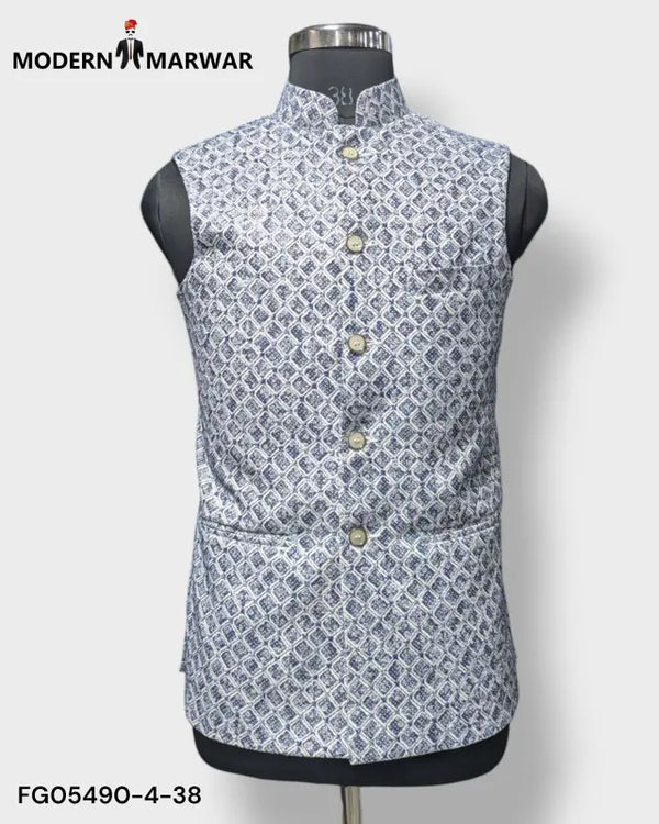 Modern Marwar M Nahru Jacket in white with blue patterns, a stylish traditional men's vest