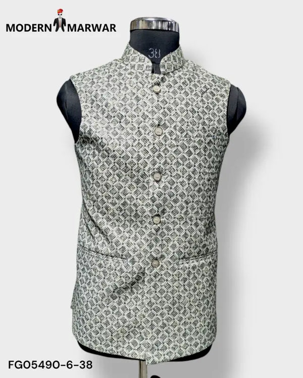 Modern Marwar M Nahru Jacket in elegant print, a stylish traditional men's vest for formal occasions