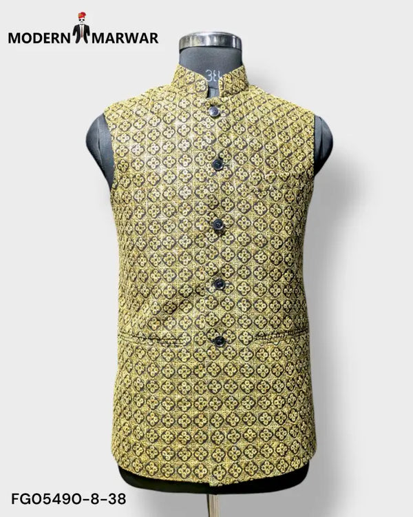Modern Marwar M Nahru Jacket in Yellow with Intricate Pattern, a perfect traditional men's vest