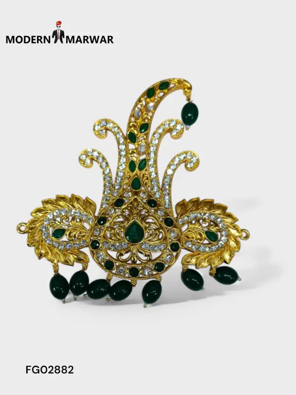 Elegant traditional peacock brooch with gold finish and green stone accents for classical attire
