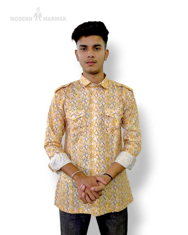 Modern Marwar traditional printed kurta in vibrant yellow with unique patterns for stylish casual wear