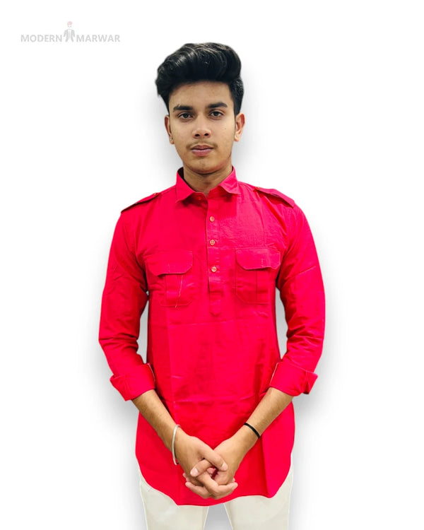 Stylish traditional red kurta for men by Modern Marwar with button-up front and pocket detail