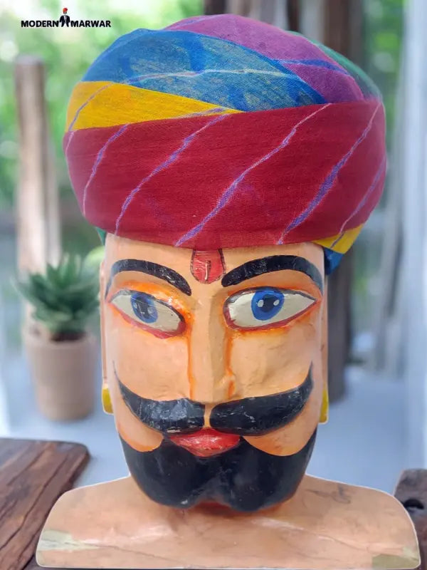 Colorful MODERN MARWAR traditional safa turban displayed on a decorative head sculpture
