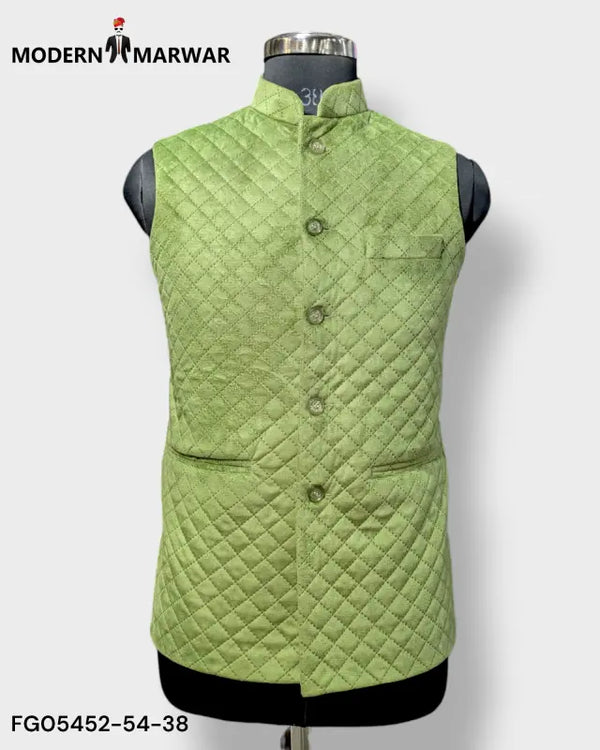 Modern Marwar M Nahru Jacket in light green featuring velvet koti chex design for a stylish look