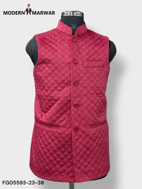 Stylish Modern Marwar M Nahru Jacket in red with quilted design, featuring velvet koti chex pattern