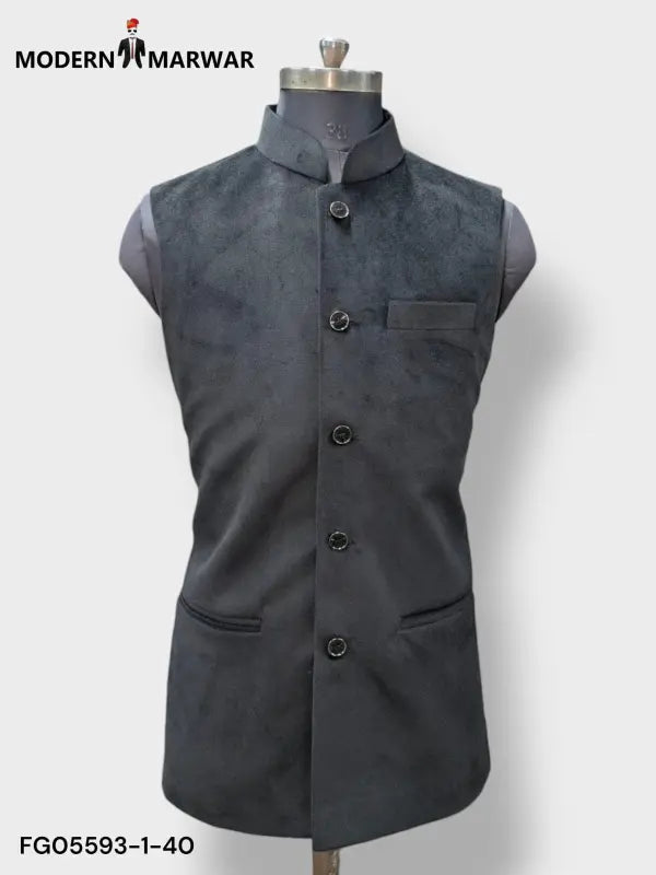 Modern Marwar M Nahru Jacket in dark gray velvet koti for men with button details and sleek design
