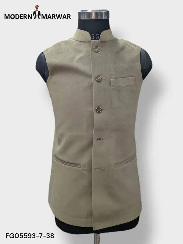 Beige Modern Marwar M Nahru Jacket, a stylish velvet koti for men with buttons and pockets