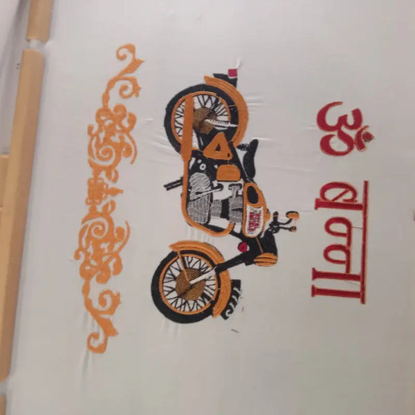 White M Shirt by Modern Marwar featuring embroidered Om Banna logo shirt with motorcycle design