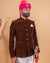 Elegant M Jodhpuri Suit featuring a brown velvet coat suit for weddings with stylish buttons and traditional accessories