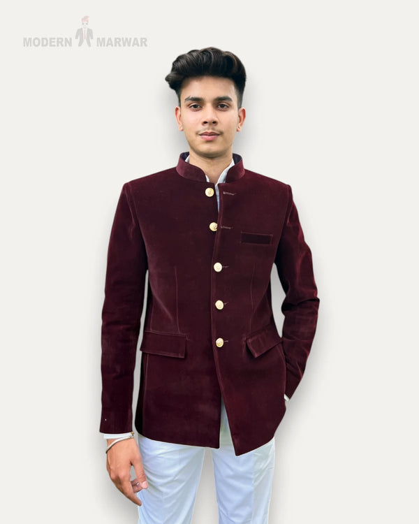 Maroon Modern Marwar Jodhpuri Suit with velvet coat suit for weddings, featuring stylish buttons and a sleek design.