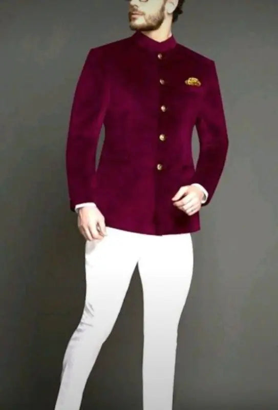 Elegant maroon M Jodhpuri suit featuring a velvet coat suit for weddings with stylish buttons