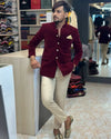 Elegant maroon M Jodhpuri Suit with a velvet coat suit for weddings, styled with silk trousers and stylish shoes