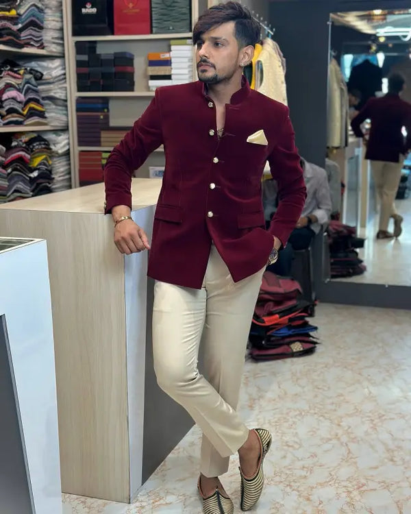 Elegant maroon M Jodhpuri Suit with a velvet coat suit for weddings, styled with silk trousers and stylish shoes