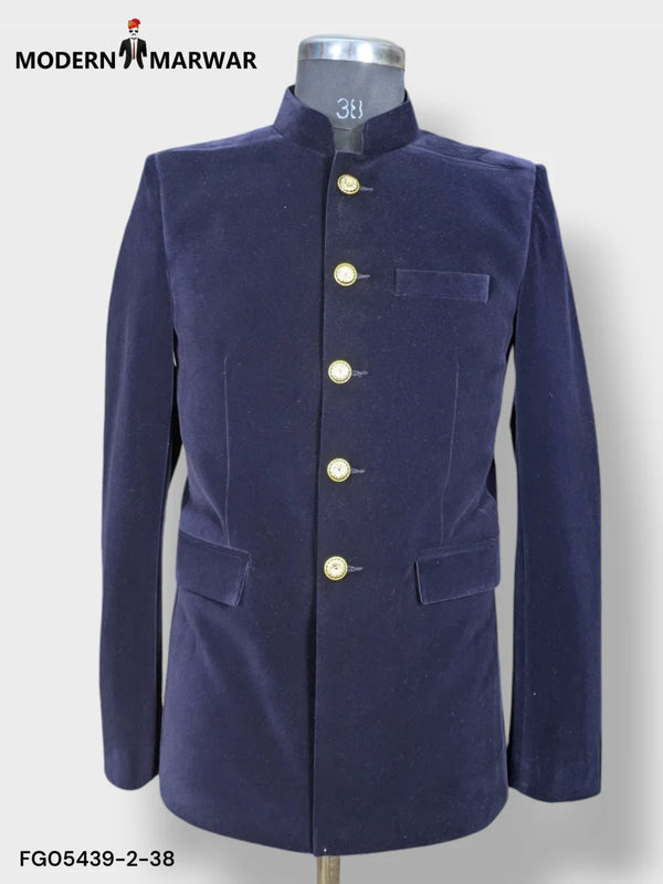 Elegant M Jodhpuri velvet coat suit for weddings in dark blue with gold buttons