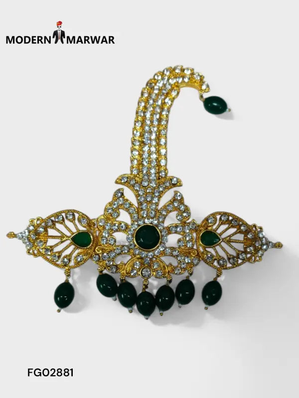 Elegant Modern Marwar wedding brooch for men with intricate design and green gemstones