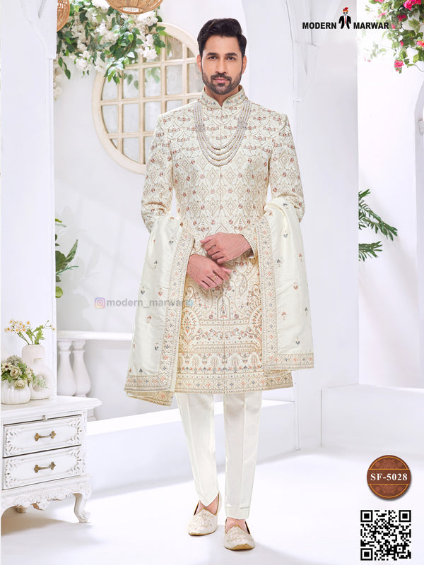 Elegant wedding groom sherwani combo in cream with intricate embroidery and matching accessories