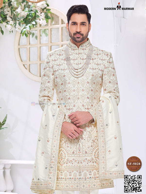 Elegant wedding groom sherwani combo in cream with intricate embroidery and contemporary design