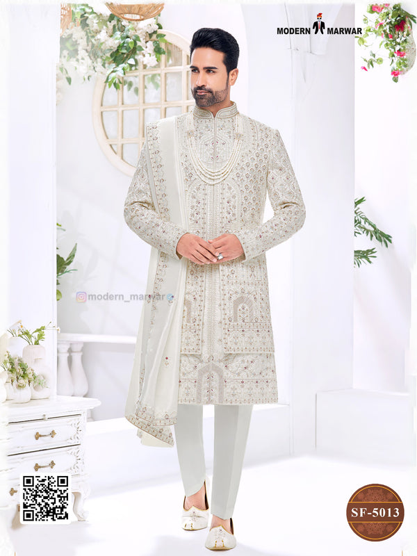 Elegant wedding groom sherwani combo in beige with intricate embroidery and matching pant for special occasions