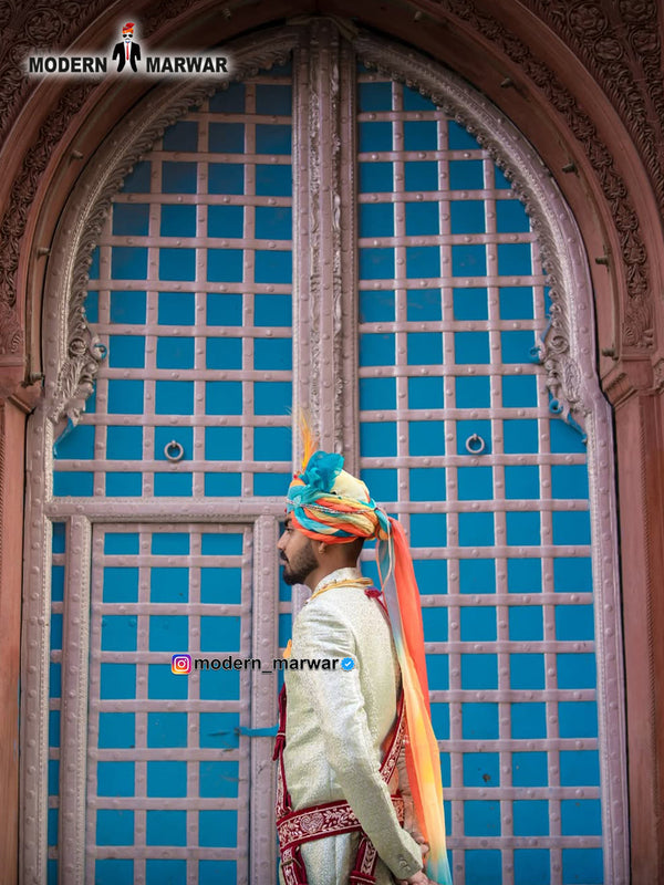 Elegant wedding groom sherwani with intricate embroidery, styled for a traditional celebration