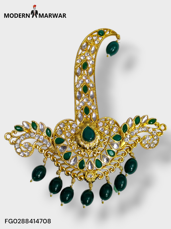 Elegant Modern Marwar wedding sherwani brooch adorned with green and white gemstones