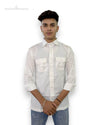 Modern Marwar white casual linen shirt with two chest pockets and rolled sleeves for a stylish look