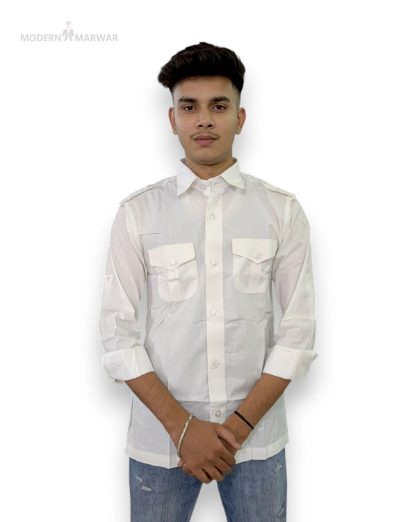 Modern Marwar white casual linen shirt with two chest pockets and rolled sleeves for a stylish look