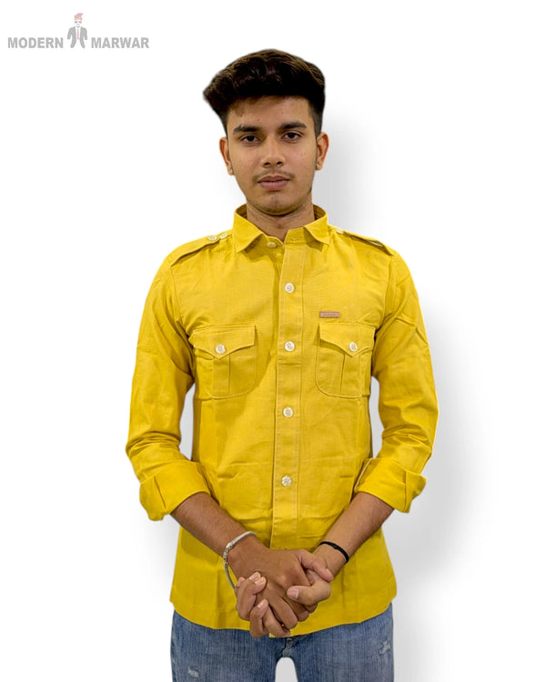 Yellow men's casual shirt by Modern Marwar with button-up front and two chest pockets