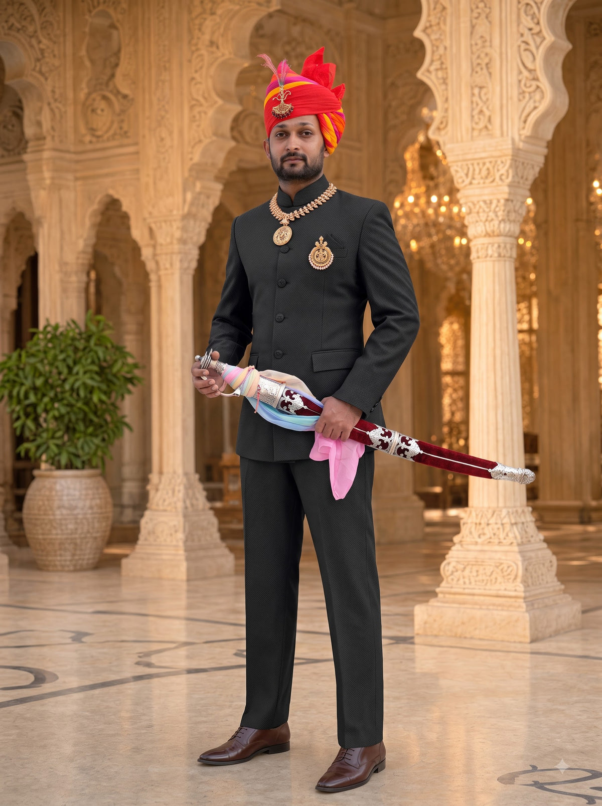 Men's Rajputi Jodhpuri Suit, color no. 1, full-length front view