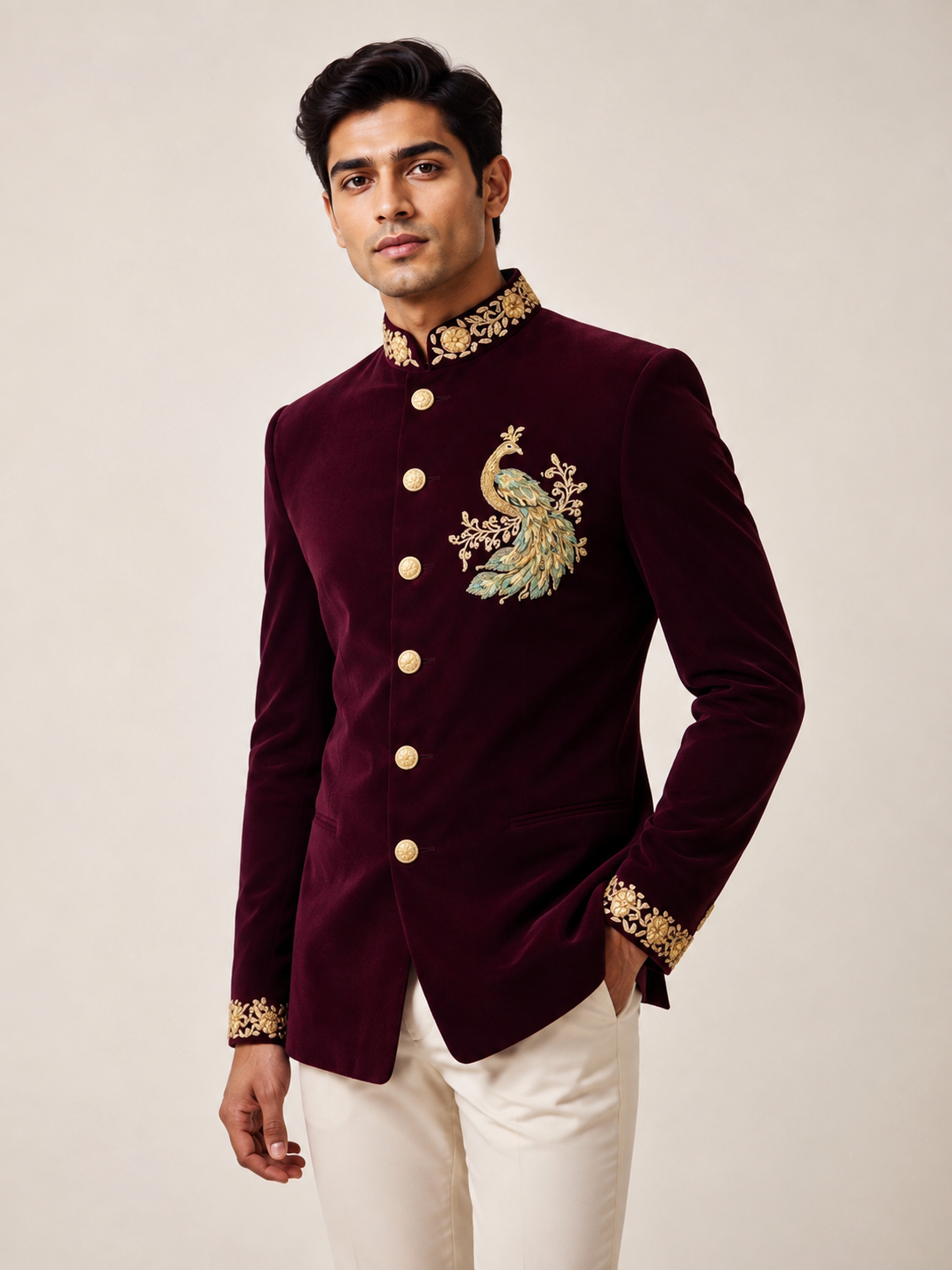 HARD VELVET JODHPURI SUIT WITH PEACOCK