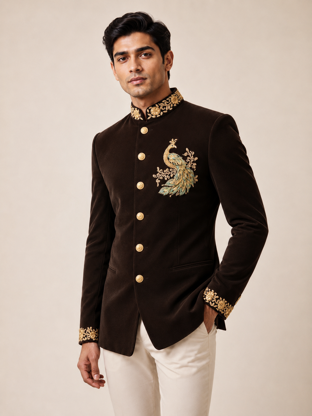 HARD VELVET JODHPURI SUIT WITH PEACOCK