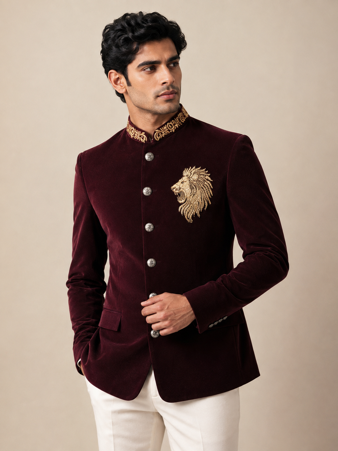 HARD VELVET JODHPURI SUIT WITH LION