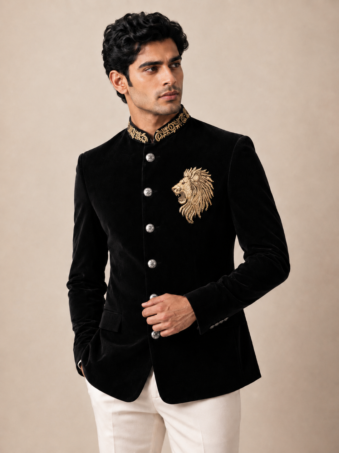 HARD VELVET JODHPURI SUIT WITH LION
