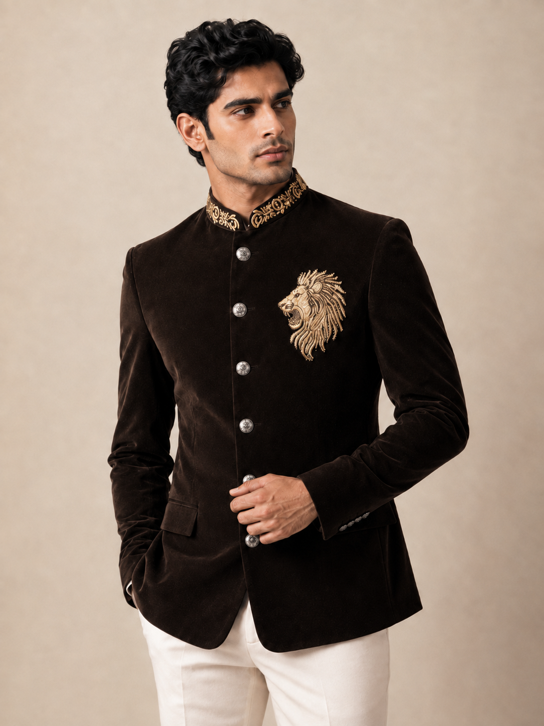 HARD VELVET JODHPURI SUIT WITH LION