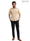 M Hunting Shirts in Chaval Taka HF-1302-5, beige fabric, front view on model with pockets